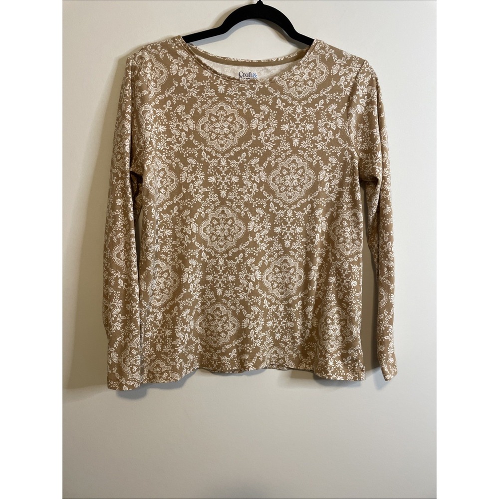 Croft & Barrow M Tan Floral Classic Tee Long Sleeve Cotton Top